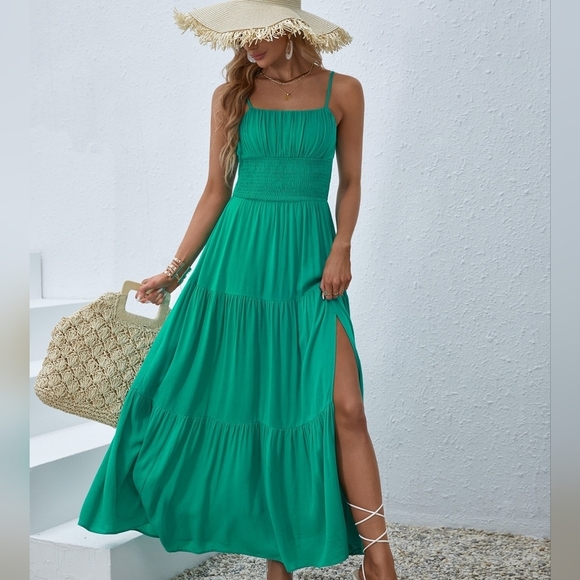 Solid Ruched Bust Split Thigh Cami Dress - Picture 3 of 5